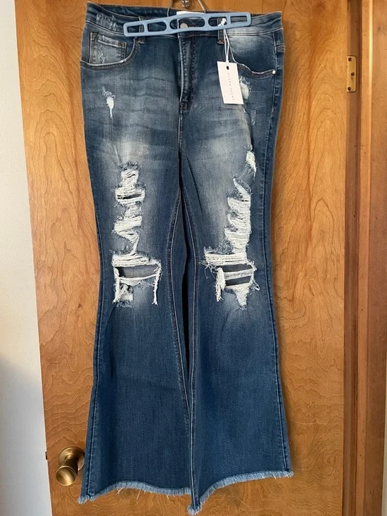 Risen Women's Distressed Flare Jeans in Medium Blue, 1XL - Picture 1 of 9